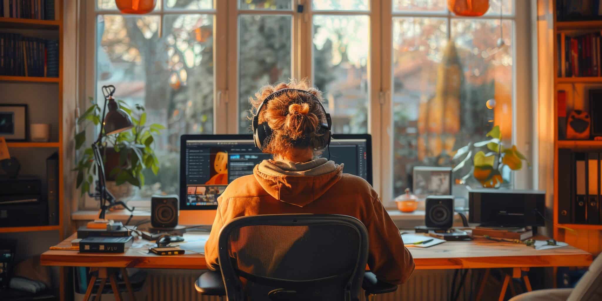 a-woman-with-headphones-sits-desk-front-computer-doing-design