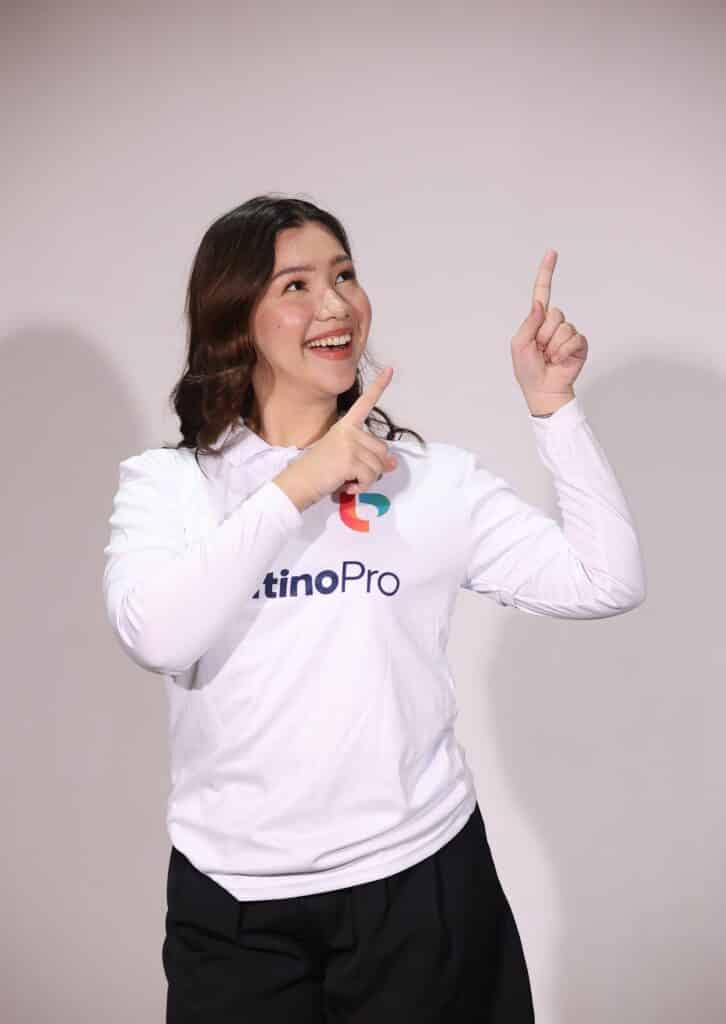 A Beautiful Virtual Assistant pointing up gesture