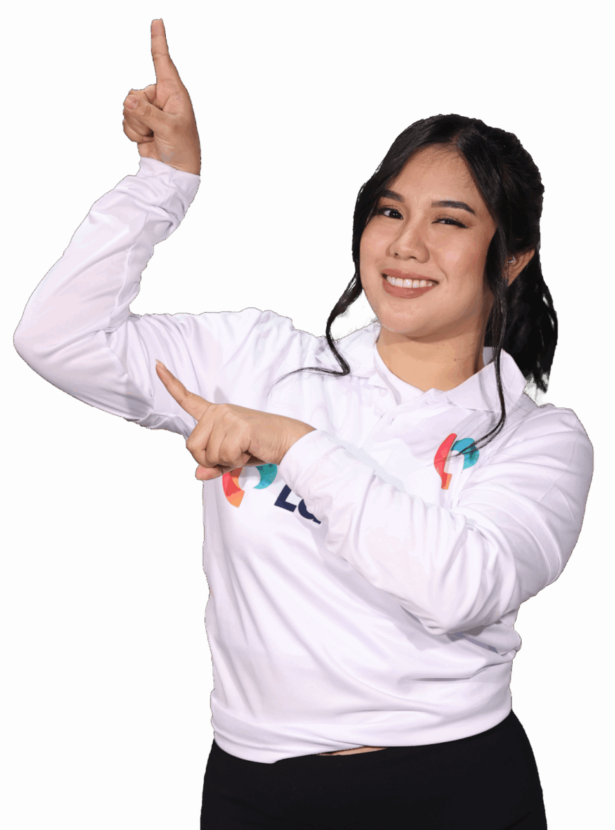 A female virtual legal assistant pointing left while smiling