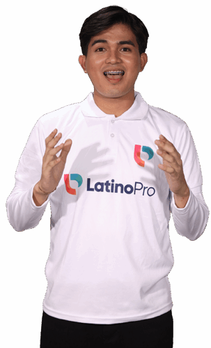 A friendly professional wearing a LatinoPro shirt gestures enthusiastically, illustrating What You Get with LATINO PRO Virtual Estimator services