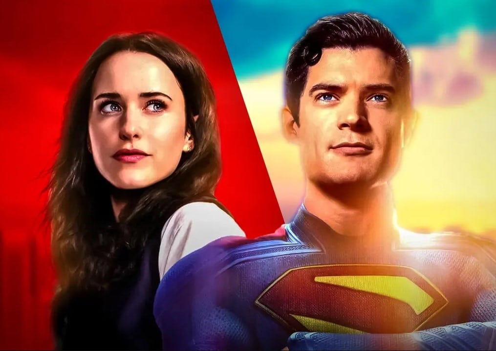 A split image of a woman and a man in a Superman 2025 suit, both looking up