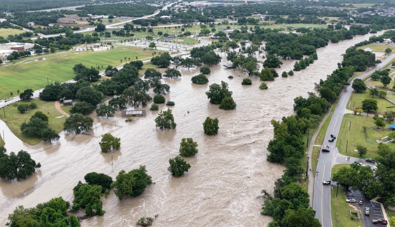 Aerial view of extensive Texas flood with submerged landscape