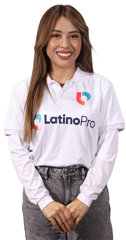 Smiling woman pointing. Discover the power of a Latino Pro Lead Generation Virtual Assistant for your business growth!