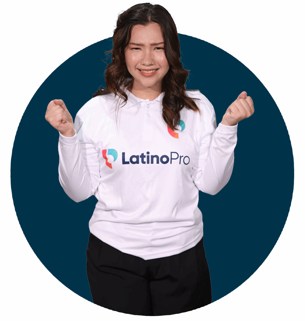 a beautiful latino pro virtual assistant doing fist gesture with excitement in her face.