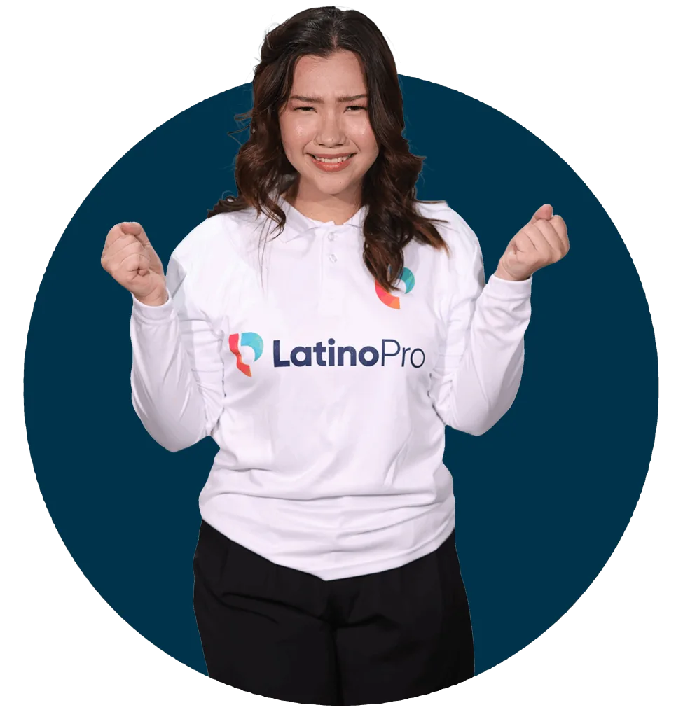a beautiful LatinoPro virtual assistant doing fist gesture with excitement in her face.