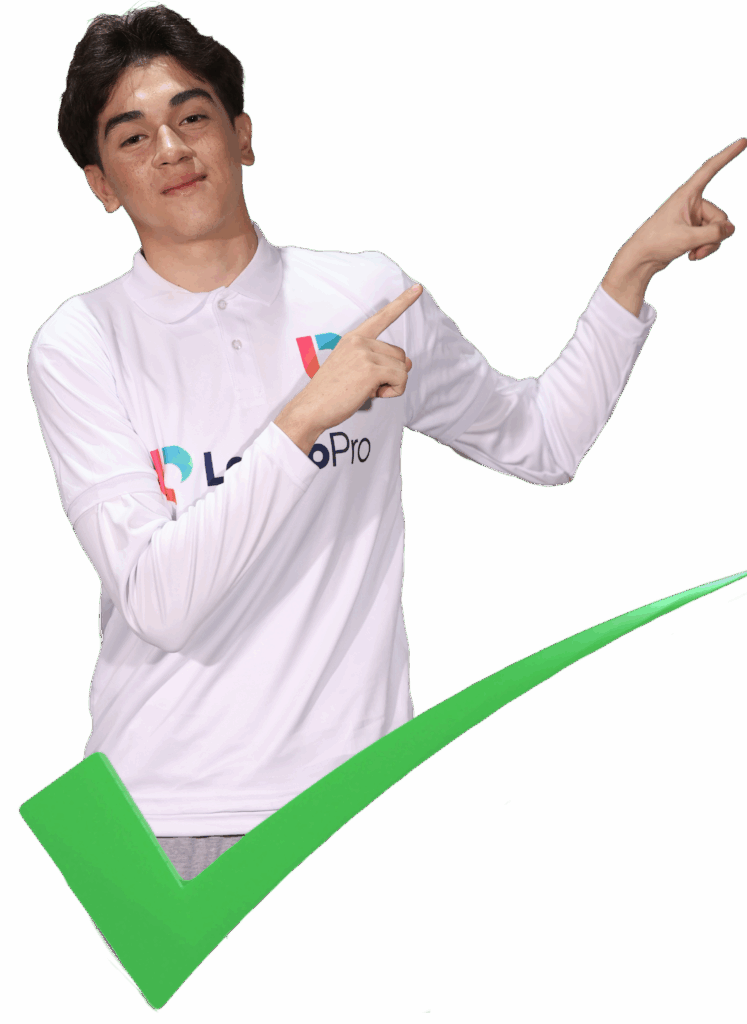 a male Virtual medical scribe assistant pointing right with a green check below