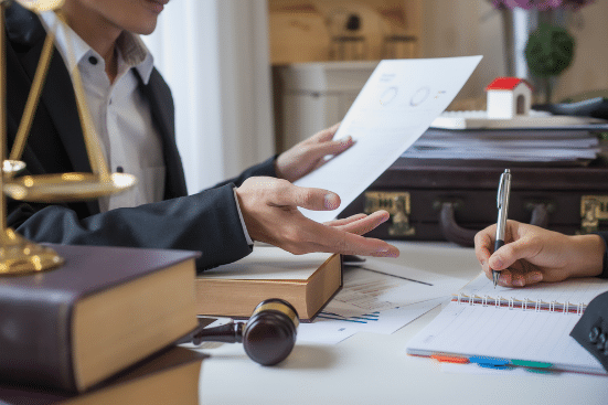 A legal professional and an assistant discuss documents, representing paralegal assistant jobs.