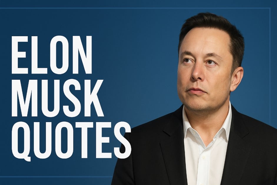 Elon Musk in a black suit with bold text “Elon Musk Quotes” on a blue background