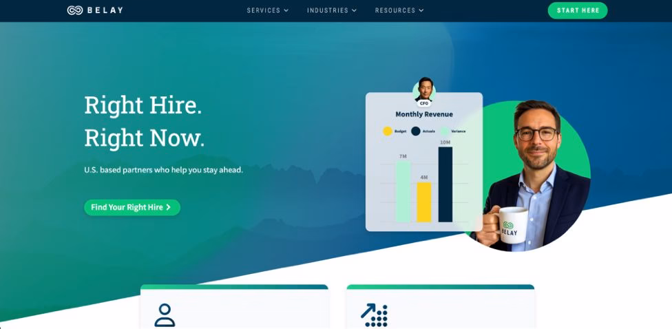 BELAY website screenshot with the text Right Hire. Right Now.