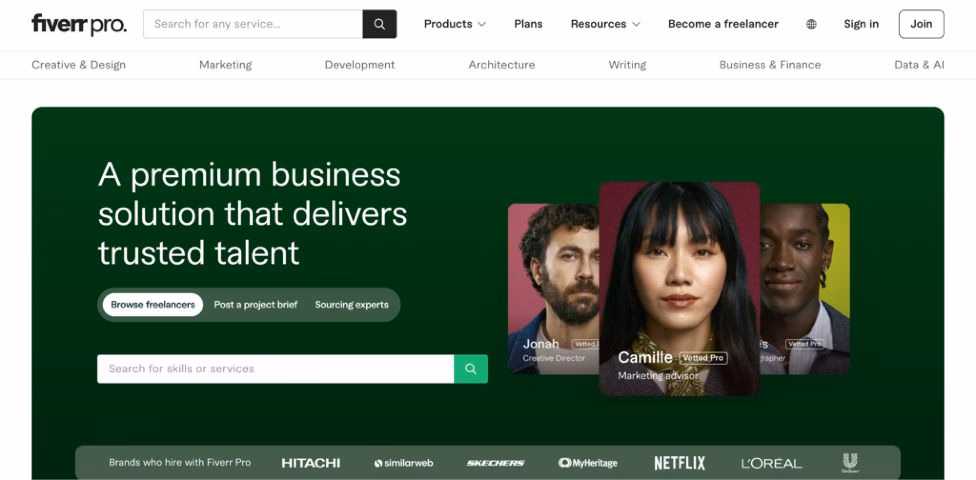 Fiverr Pro website screenshot with the text A premium business solution that delivers trusted talent