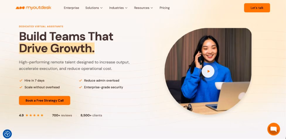 MyOutDesk website screenshot with the text Build Teams That Drive Growth