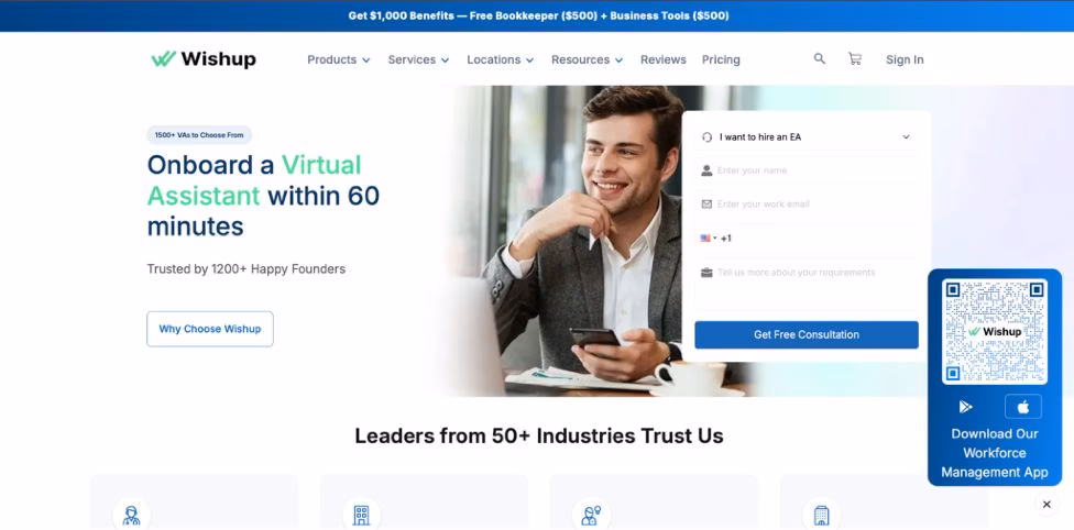 Wishup website screenshot with the text Onboard a Virtual Assistant within 60 minutes